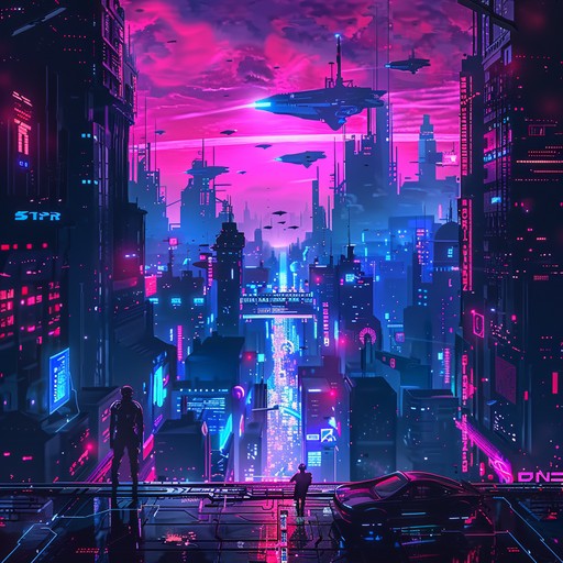 Imagine a night time neon lit city skyline, where a high stakes synth battle unfolds amidst towering skyscrapers and glowing billboards. Pulsating bass and epic synth lines clash, creating an atmosphere of futuristic grandeur and tension. The music builds up with driving rhythms and majestic synth melodies, capturing the high energy clash in this futuristic duel.