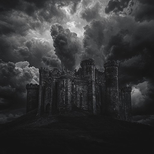 A dark, brooding symphonic rock composition featuring intense orchestral layers and powerful guitar riffs, evoking a sense of foreboding and epic struggle. Strings and brass sections weave through distorted guitar melodies, creating a sonic landscape that is both haunting and majestic. The composition crescendos with an overwhelming sense of drama, leaving listeners on the edge of their seats.