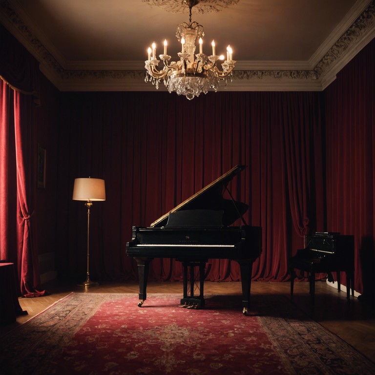 Set in a dimly lit cabaret, this composition evokes a sense of secretive, almost forbidden gatherings, where the soft murmur of conversations melds with delicate piano notes. The musical piece mirrors the quiet intensity and the richness of the dark surroundings, creating an inviting yet slightly eerie atmosphere.