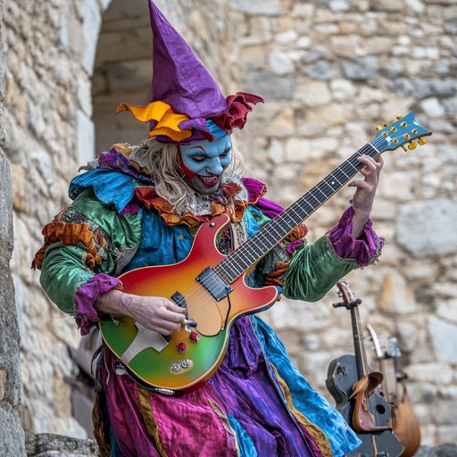 This instrumental track fuses energetic metal riffs with playful medieval inspired melodies. Picture a jester leading a castle's mosh pit, combining heavy distortion with lively lute and flute articulations. The song starts with a brisk guitar intro, gradually layering medieval tones to create an enchanting, upbeat atmosphere. Ideal for fantasy themed video games or any project needing an exciting, playful metal backdrop.