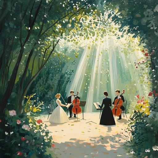 Immerse in a sun drenched garden where lush melodies of a string quartet play a lively serenade, evoking the feeling of romantic afternoons filled with laughter and love.