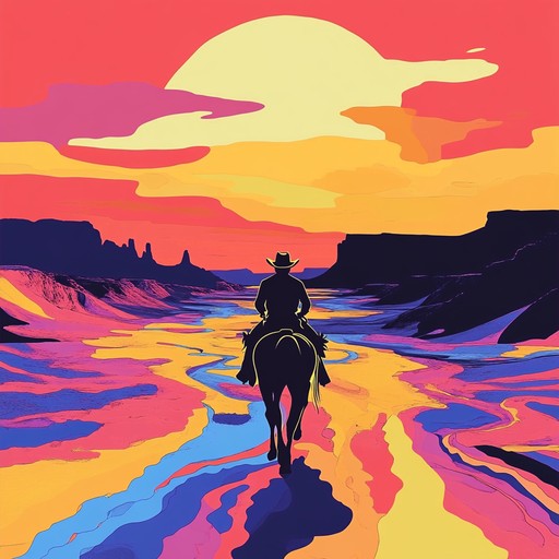 A vivid musical journey blending psychedelic tones with rhythmic western elements, evoking the vibrant colors of a desert sunset. The track uses guitar riffs and hypnotic beats to create an immersive, surreal experience reminiscent of a cowboy's dreamy adventure through an endless desert.