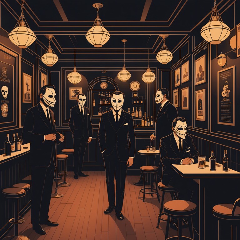 This track embodies a dark, brooding cabaret style combined with a deep mysterious narrative. Evoking the sensations of covert meetings and hidden secrets in the underbelly of a 1920s speakeasy where every attendee wears a mask, it promises a powerful aesthetic experience. The composition utilizes tense, dramatic tones to accentuate themes of deception and discovery in a nocturnal setting.