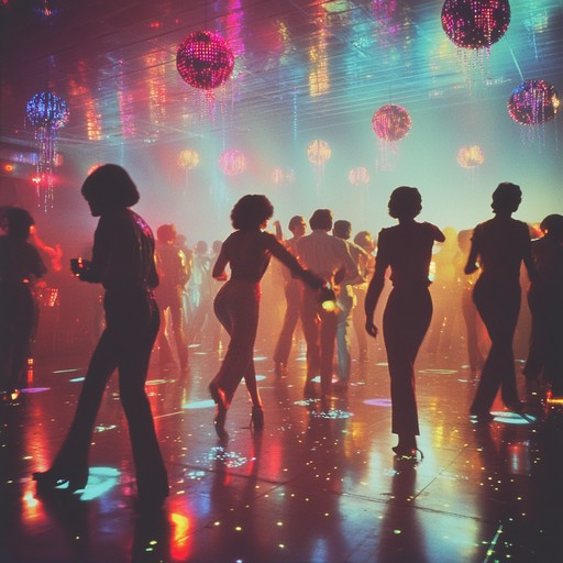 Imagine a lively, crowded dance floor under swirling disco lights, where infectious rhythms generated by a classic wurlitzer electrify the air, bringing everyone to their feet in a timeless celebration of dance and fun.