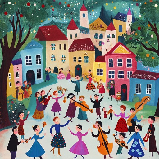 A vibrant klezmer composition featuring dynamic clarinet leads, reflecting the spirited atmosphere of communal dancing and merriment in a village setting.