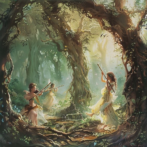 A lively, whimsical composition evoking the playful dance of forest fairies. The melody weaves intricate, light hearted patterns, transporting listeners to a magical woodland. Flute solos, accompanied by a string quartet, paint a vivid, enchanting fairyland.