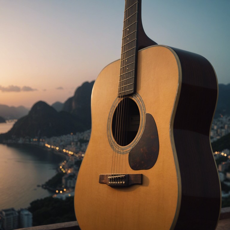 Imagine a serene night by the beaches of rio, with gentle guitar strings playing a soft, romantic samba tune amid the murmurs of a cooling breeze and distant nightlife. This version amplifies the quiet, ambient sounds of a peaceful evening.