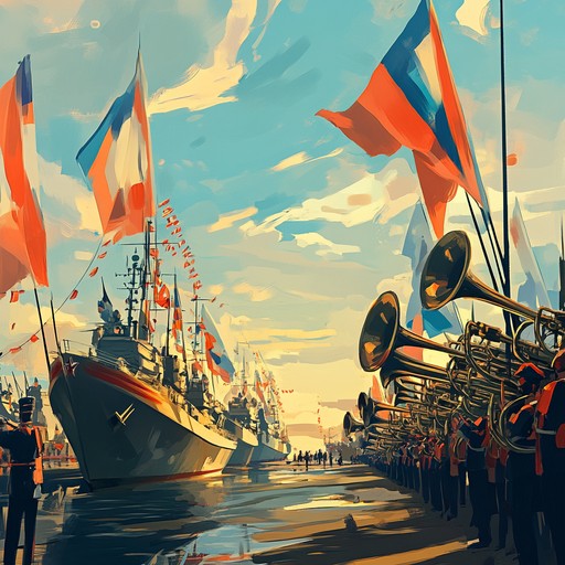 An inspiring orchestral composition featuring bold brass and triumphant strings, embodying the bravery and celebration of the russian navy's strength and honor.