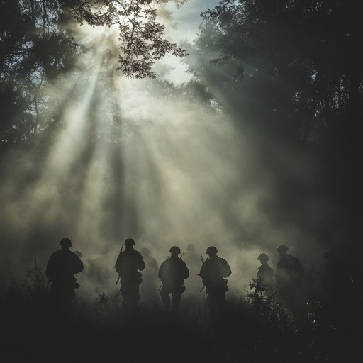 An alternative take offering a brighter, morning atmosphere where rays of sunlight intersperse with the orderly lines of soldiers, highlighting their shadows against the ground, illustrating hope and a new beginning amidst the echoes of disciplined marches.