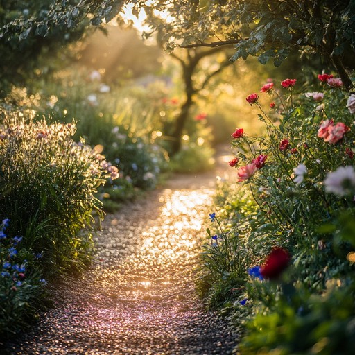 Soft instrumental piece capturing the serene ambiance of a garden coming to life under the gentle glow of morning light, with soothing melodies and tranquil harmonies inspiring an intimate connection with nature