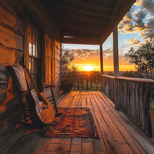 Imagine a tranquil summer evening on a rustic porch, the sun setting beyond the horizon, painting the sky in warm hues of orange and mauve. The soft, fingerpicked acoustic guitar creates a soothing soundscape, accompanied by gentle humming of cicadas in the background. This instrumental track evokes a sense of peacefulness and contentment, perfect for unwinding after a long day.