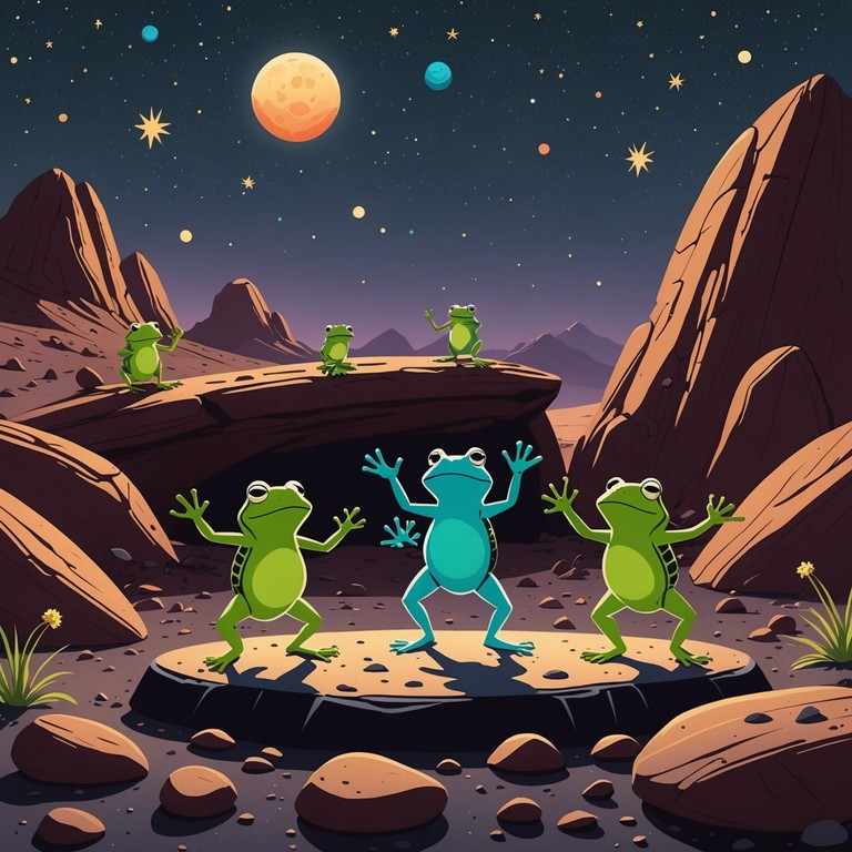 Frogs from various galaxies gather on mars, showing off their unique dance moves in a groovy, interstellar competition. The track pulses with the vibrancy of otherworldly festivities.