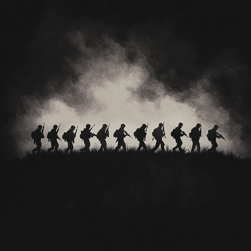 A dark and tense military instrumental featuring a steady marching cadence that evokes the sharp movements and discipline of soldiers. The piece is marked by deep, pounding drums, eerie brass sections, and a foreboding atmosphere that captures the gravity and intensity of wartime scenarios. It paints a sonic picture of shadowy figures moving in unison, set against a backdrop of uncertainty and impending conflict, pushing the listener to the edge of their seat.