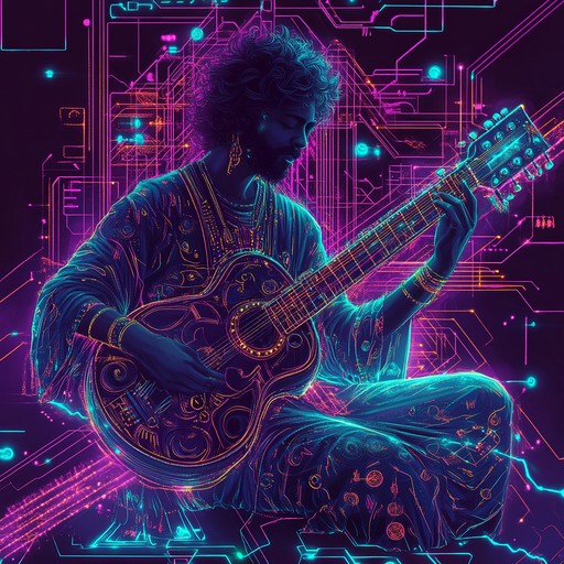 A powerful instrumental track combining heavy guitar riffs, traditional sitar melodies, and modern electronic synthesizers, creating a unique fusion that explores the intersection of ancient culture and futuristic soundscapes.