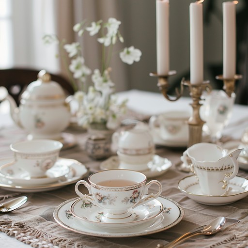 Imagine an elegant tea party from the 1920s, infused with modern electronic elements. Gentle piano melodies interweave with subtle synths, creating an ambient, whimsical soundscape perfect for sophisticated gatherings.