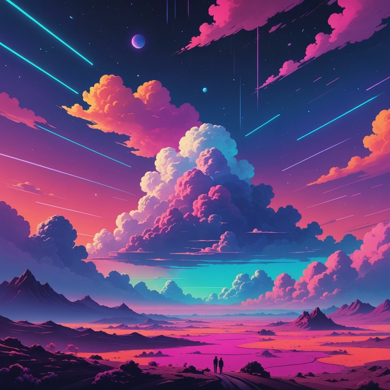 This track should evoke a sense of floating through a vibrant, psychedelic dreamscape where layers of ethereal synths intermingle with distant echoes and surreal sounds, conjuring images of colorful skies in a dream world.