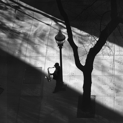 A slow and moody jazz piece invoking feelings of solitude, illuminated by the glow of a single street lamp through the window. The saxophone sings a forlorn song over a sparse piano accompaniment, encapsulating the essence of late night loneliness in a deserted urban landscape