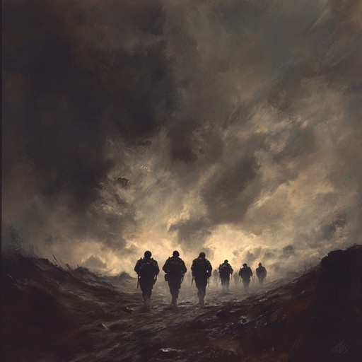 A powerful military march characterized by rhythmic drumming and haunting brass, capturing the intense dread of an approaching force. The song starts with a firm percussive foundation, gradually introducing somber wind instruments that heighten the suspense and foreboding atmosphere, evoking images of marching soldiers on a desolate battlefield