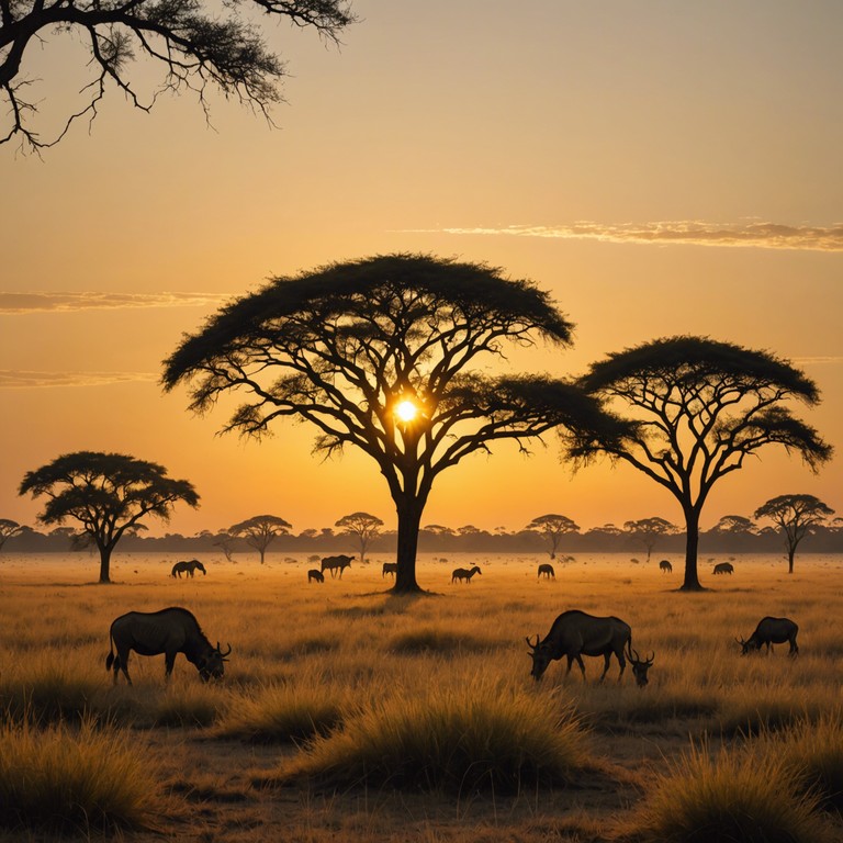 Inspired by the vast and serene african savannah, this track features a soft yet profound melody that captures the essence of a tranquil sunrise. The musical arrangement is intended to transport listeners to a place of peace and natural beauty, with a rhythm that mimics the quiet steps of wildlife across the plains.