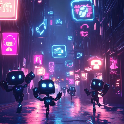 The track invites listeners on a whimsical journey through a cyberpunk cityscape, where playful synthesizer melodies intertwine with futuristic beats, creating an atmosphere of neon lit wonder and technological enchantment.