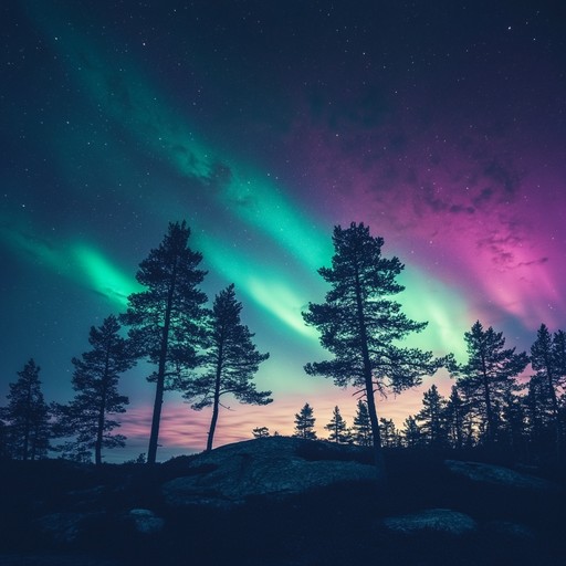 An instrumental piece blending elegant suomipop melodies with serene harmonies, inspired by the tranquil beauty of finland's northern landscapes under the dancing auroras.