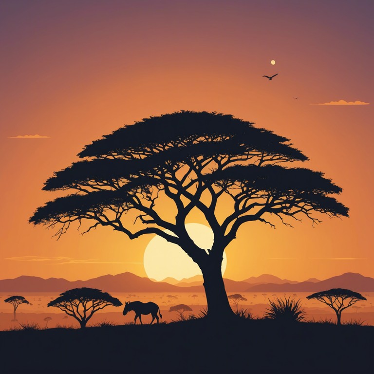 This piece captures the essence of a tranquil african savannah at dusk, combining ethnic instruments with the sounds of wildlife and the gentle breeze. The music is designed to transport listeners to a peaceful landscape, allowing them to feel the vastness and beauty of nature.