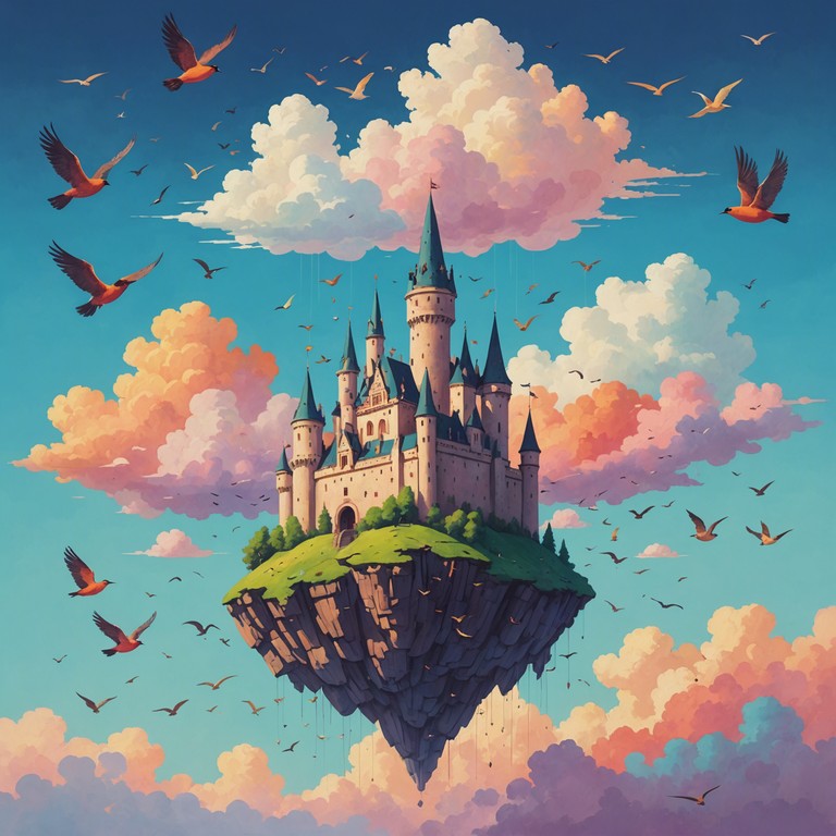 An enchanting orchestral piece that swirls like mist around ancient, mystical castles floating amongst the clouds. The composition uses a blend of classical instruments to evoke a feeling of wonder and grandeur, perfect for a fantasy adventure soundtrack.