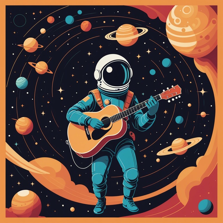 Imagine a troubadour from the future, using advanced technology to create evocative ballads that narrate his travels through stars and galaxies. The music is rich with digital sounds that mimic traditional instruments, blended seamlessly with otherworldly audio effects that transport the listener across time and space.