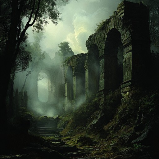 An epic orchestral piece drawing from the haunted and shadowed realms of ancient forests and forgotten castles. Grand strings, bone chilling woodwinds, and an ominous brass section guide listeners through an eerie, yet majestic journey. The music swells and recedes, weaving tales of dark magic, forgotten lore, and ancient battles. Creepy whispers and ghostly choirs enhance the chilling effect, creating a perfect balance of haunting and epic.