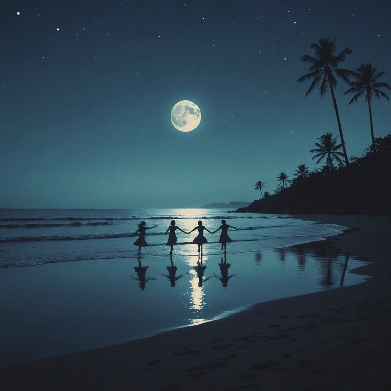 Imagine a festive celebration on a tropical beach as the moon casts its glow on the dancers, with the steel drums providing a rhythmic soundtrack that encourages everyone to dance. The music is fast paced but with a soft undertone of waves, blending a feel of exhilaration with calm.