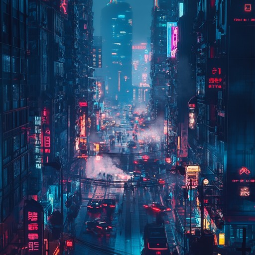 An electrifying symphony of techno pulsating through neon lights and futuristic landscapes, blending energetic rhythms with shimmering electric layers that transport listeners to a bustling neon lit cityscape