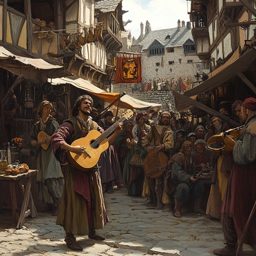 Experience the bustling vibrancy of medieval streets as a skilled troubadour strums a catchy, upbeat melody on the lute, inspiring all who pass by with a sense of energy and adventure.