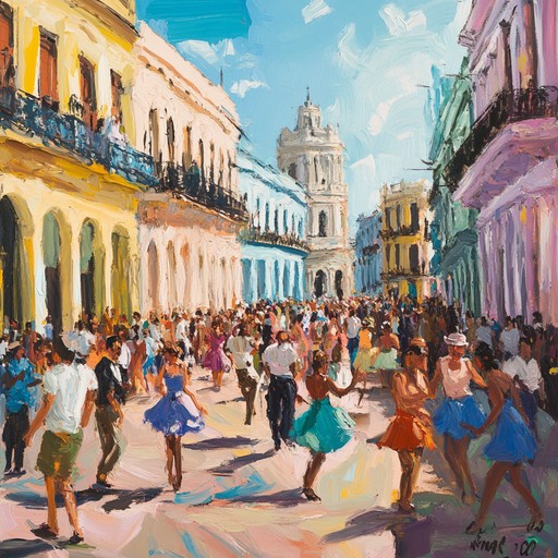 A vibrant fusion of salsa beats sets the scene for a bustling havana street party, brimming with rhythmic congas and jubilant energy, capturing the essence of a lively fiesta.