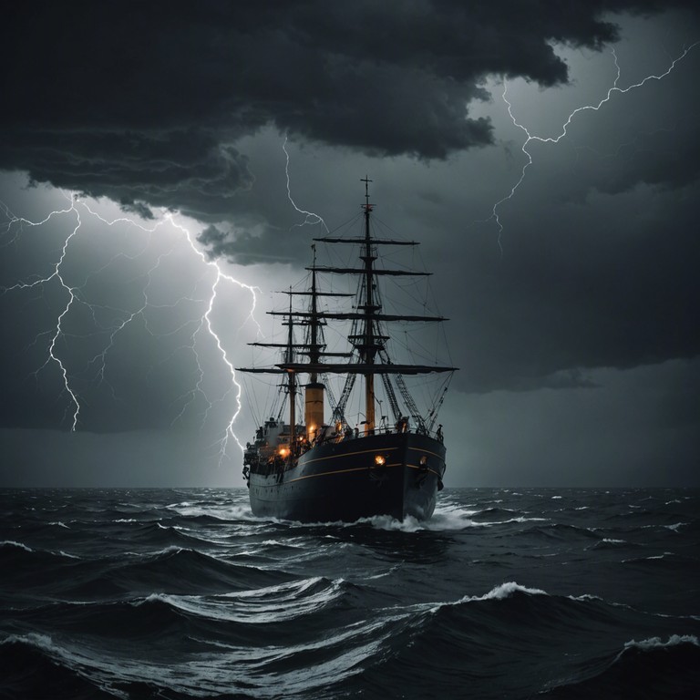 A resonant and thundering track that sonically explores the intensity of a sea storm while aboard a russian naval ship, underpinned by the spirited plucks of a balalaika, evoking a sense of dangerous adventure and historical depth.