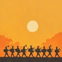 an energetic military march with lively drums and brass.