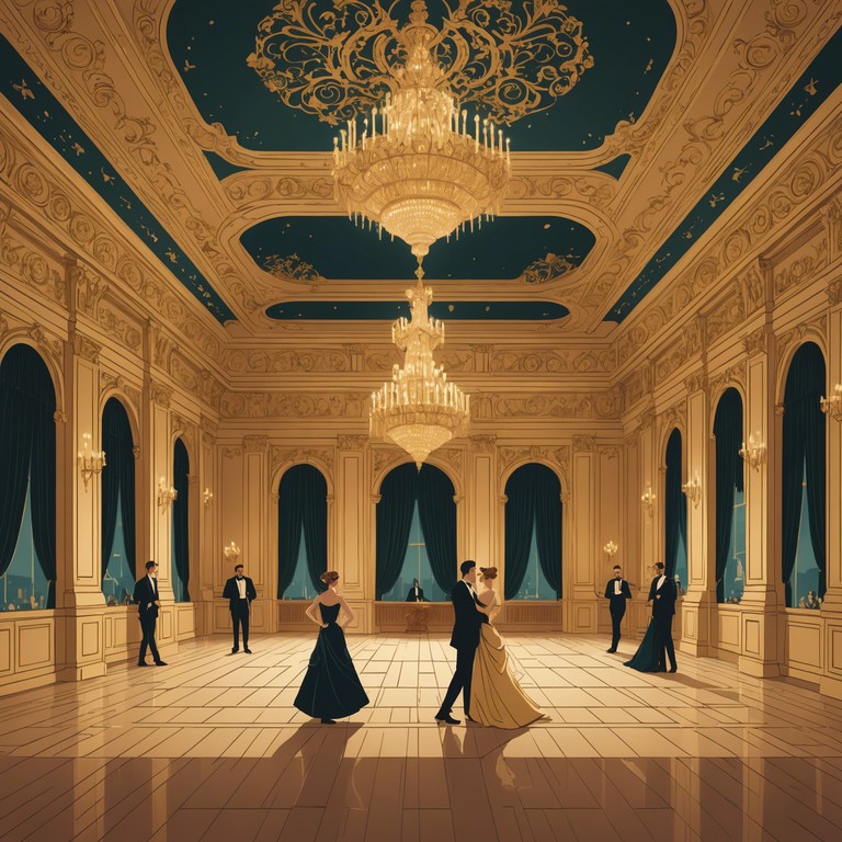 A composition that captures the grandeur and intricate dance of emotions in an opulent ballroom setting, featuring sweeping melodies that rise and fall like the heartbeats of secret lovers. The music is designed to evoke the feeling of a clandestine meeting during a grand waltz, where every glance and touch is charged with hidden passion and forbidden allure.