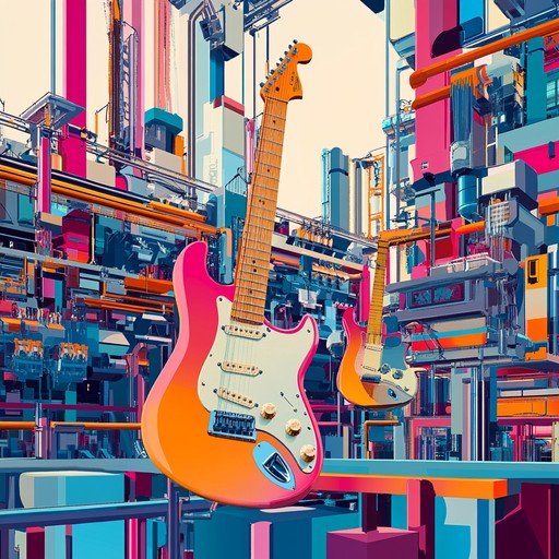 This track blends energetic industrial beats with joyful rock melodies, creating an uplifting soundscape. Electric guitar riffs and mechanical rhythms produce a vibrant, playful atmosphere.