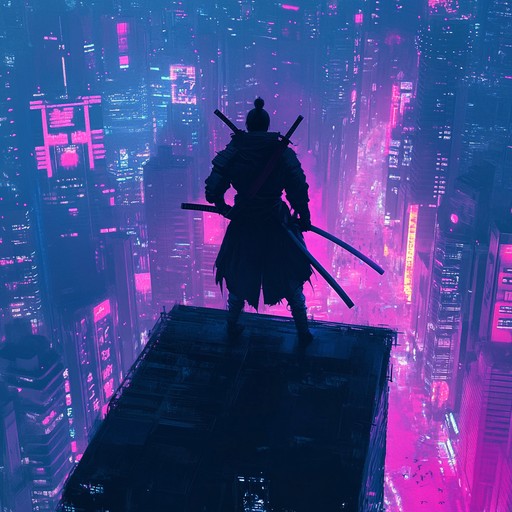 Modern urban sounds fused with traditional japanese elements paint a vibrant story of a samurai's journey in a neon lit future city, packed with tension and energy.