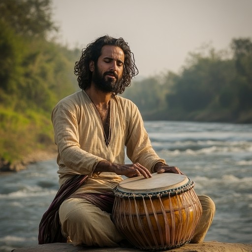 This alternate execution delves deeper into the concept of a musical journey, emphasizing the slow, deliberate progress of a river with soothing sitar and tabla rhythms that mirror the gentle ebb and flow of water on a mystical voyage through nature's heart.