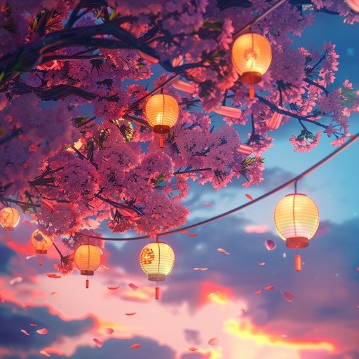 An uplifting j pop instrumental piece celebrating japan's spring festivals. The melody captures the enchanting beauty of cherry blossoms and joyful festival vibes. Shamisen strings flutter like petals, accompanied by upbeat rhythms to create an immersive anime celebration of spring's charms.