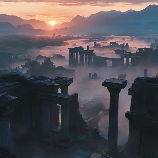 An evocative symphony meant to mimic the majestic and eerie ambiance of ancient civilizations, blending traditional orchestral harmonies with the echoes of mysterious, long forgotten times and places.