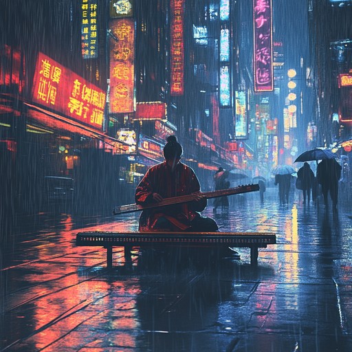 An instrumental piece that blends the futuristic ambiance of electronic soundscapes with the timeless melodies of the japanese koto, evoking a deep sense of yearning and nostalgia amidst a neon lit metropolis