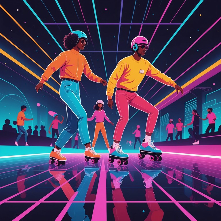 A high tempo, synth driven journey through neon lit roller disco environments, echoing the playful and lively scenes typically found in such vibrant settings. The track is crafted to be both nostalgically reminiscent of classic roller discos and appealing to modern fans of electronic dance music.