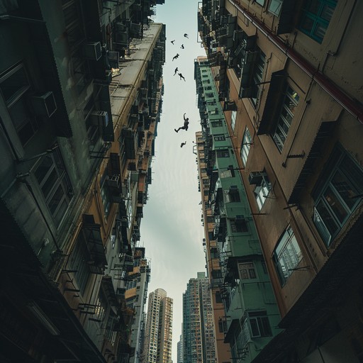 Picture a dramatic escape over city rooftops, as drum machines set a fast paced, adrenaline fueled beat. The pounding bass and sharp snares reflect the fast pace and danger of this urban pursuit through the labyrinthine streets.