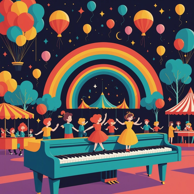 Imagine a fun filled day of laughter and music at a lively summer fair, with a piano creating bouncy, bubbly sounds that make everyone smile.