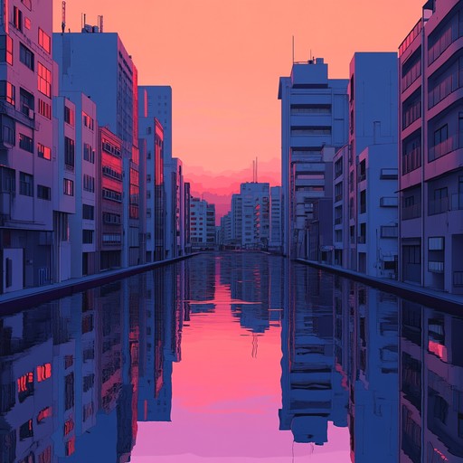 Gently flowing synthesizers create a serene and reflective ambiance, reminiscent of calm, neon infused twilight reveries, blending nostalgia with tranquility.