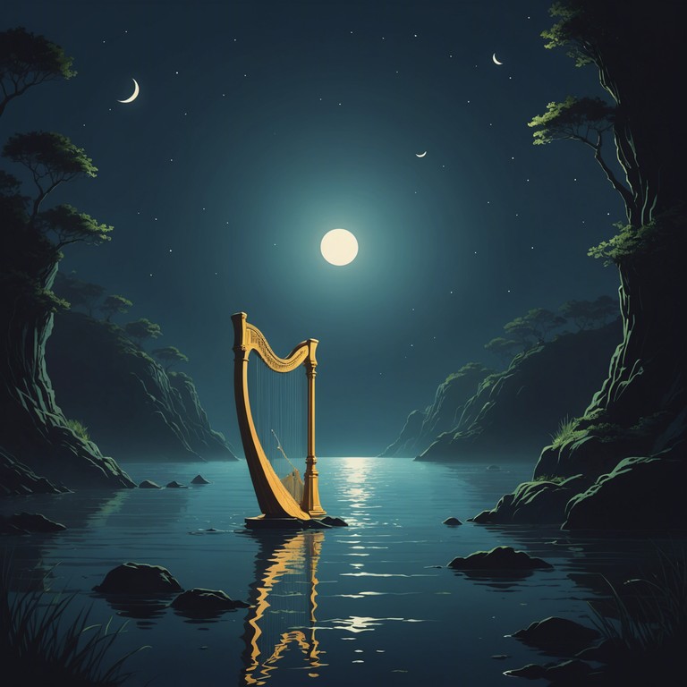 A gentle harp composition that simulates the whispering echoes of the ocean’s heart, creating a peaceful and reflective auditory journey through the depths of serene waters.