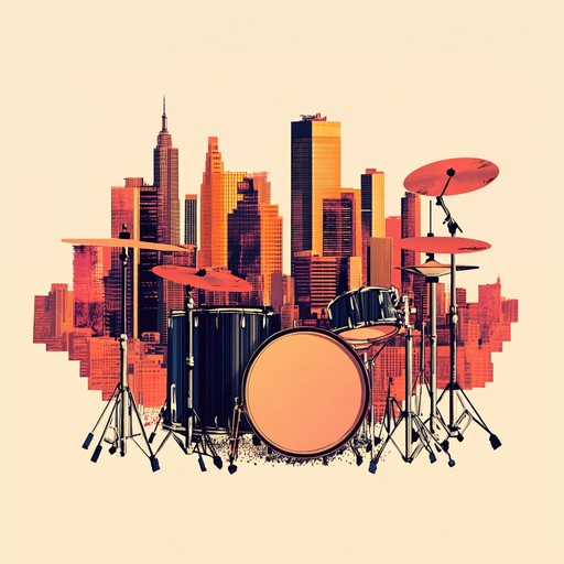 A single drum set played in a beatbox style that conveys the heart and soul of the urban landscape, with shifts in tempo and intensity that reflect different times of day and moods within city life, from serene mornings to hectic evenings.