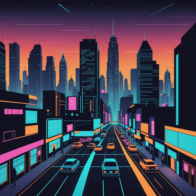 Imagine a city bathed in neon lights with towering skyscrapers. The atmosphere is charged with the electrifying energy of synthesized beats and bass drops, echoing the heartbeat of a futuristic metropolis under the cloak of night. Each note is a burst of euphoria rushing through the cybernetic veins of the city, crafting an anthem for the nocturnal souls wandering in the digital age.