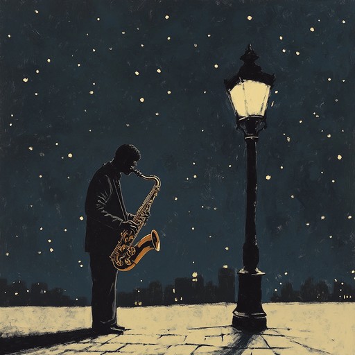 Immerse yourself in a nostalgic jazz scene, where whimsical notes dance together with soulful rhythms. The interplay between the double bass and delicate piano harmonies, highlighted by the expressive saxophone, brings to life a serene nighttime atmosphere.